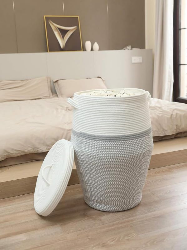 Image of Storage Cotton Rope Basket and Laundry Hamper for Dirty Clothes, Towels, Blankets, Pillows Storage in Living Room, Laundry Room and Bedroom (Grey White With Lid, 15x18 Inch)