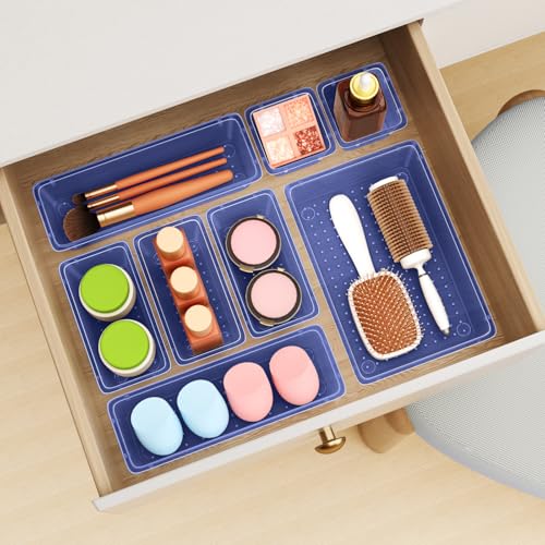 Image of ElegantArray 12 PCS Drawer Organizer Set, 4 Sizes Tool Storage Trays, Clear Plastic Makeup Vanity Organizer and Storage Bins for Stationeries, Multiple Gadgets for Office, Bedroom, Navy Blue