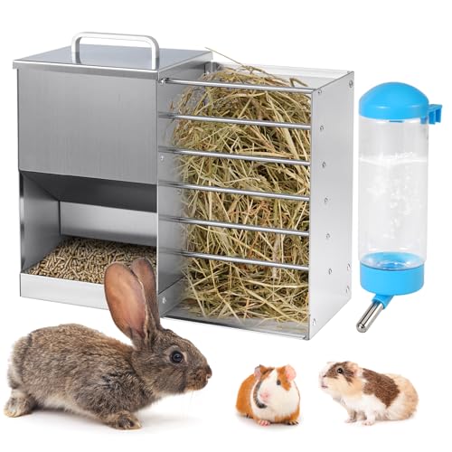 Mangeoire À Lapin Automatique pour Cage, 2 en 1 Mangeoire À Foin avec Bouteille d'eau, 5L Distributeur de Nourriture en Acier Inoxydable pour Cochons d'Inde...