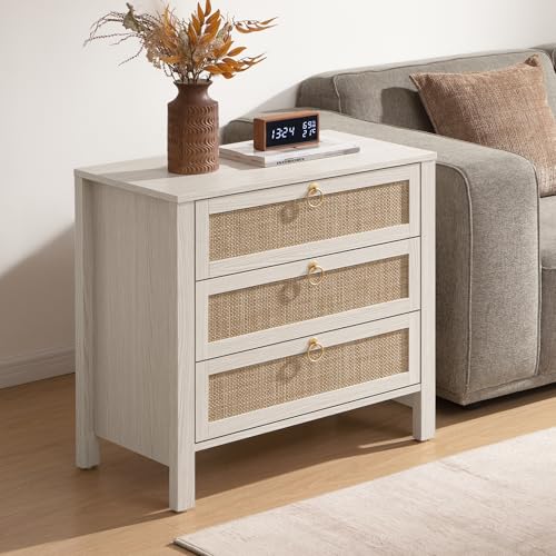 Image of SICOTAS White Rattan Nightstand with 3 Drawers, Large Boho Bedside Table | Wide Night Stand with 3 Drawers, Large Bedside Table for Bedroom, Guest Room, Apartment, Dorm Room, and End Table Storage