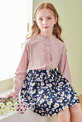 Image of SOLOCOTE Girls Blouse Ruffle Long Sleeve Button Down Shirts Princess Cotton Loose Soft Tops Spring and Summer, 190903, Pink, 13-14Y