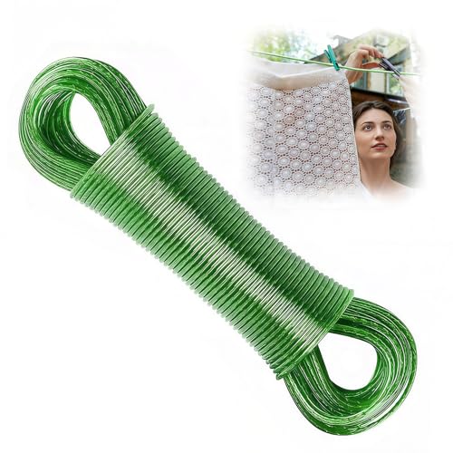 30M Washing Line Rope, 3mm Dia Heavy Duty Steel Core Clothesline, Durable Waterproof Rustproof Clothes Lines, Strong Outdoor Washing Line for Garden, Balcony, Camping, Travel Use (Green)