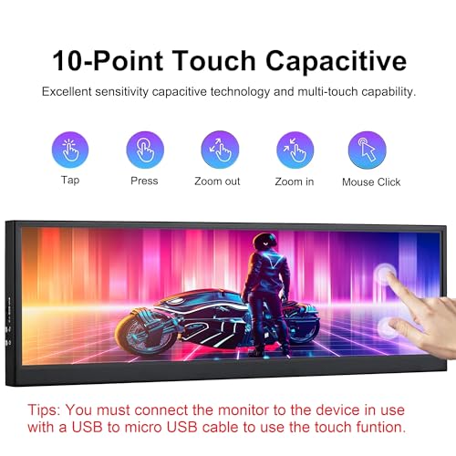 Image of wisecoco 12.6 Inch Mini Touch Screen Monitor Secondary Screen FHD IPS Stretched Bar LCD Display 1920X515 HDMI for PC Laptop Computer Health Speed Windows Sub CPU GPU Temperature Display R126F01T-HB