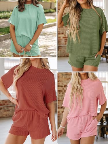 Image of Imily Bela Womens 2 Piece Outfits 2025 Oversized Summer Short Sets Casual Beach Ribbed Short Sleeve Matching Set