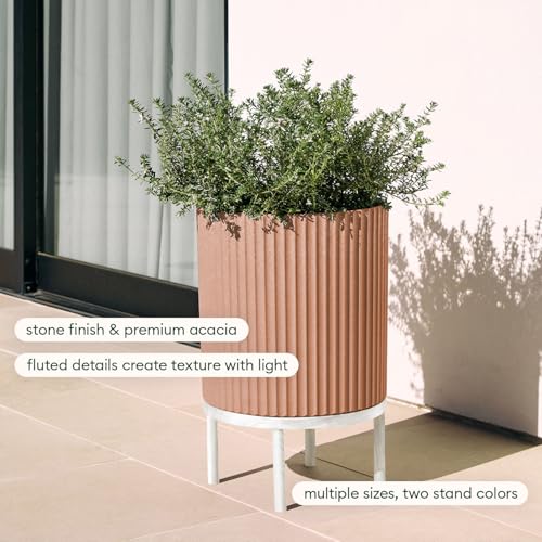 Image of Veradek Demi Series Raised Planter - Round Planter with Stand | Made From a Durable Plastic-Stone Composite & Comes With Wooden Stand. Modern Porch /Patio Decor