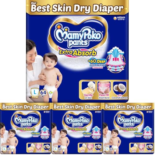 Image of MamyPoko Pants Extra Absorb Baby Diapers, Large (L size) | 9-14 kg | 64 Count |Deep Sleep Diapers| Soft gentle fit |Deep Absorbent Crisscross | skin friendly with coconut oil | (Pack of 4)
