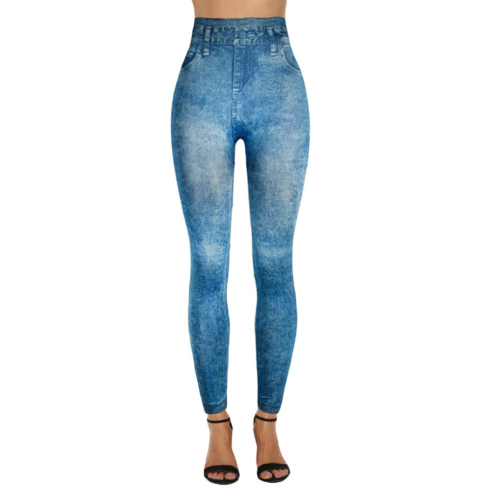 Junhouse Women Ladies Skinny Faux Denim Leggings Jeans Jeggings Fit Classic Stretch Floral Jeans High Waist Pencil Pants Tights Trousers (S,XH Blue)