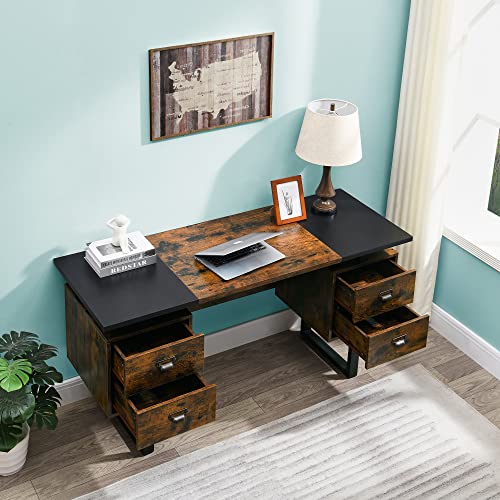 Moderion Computer Desk For Home Office With 4 Large Drawers, Rustic Wood Writing Study Table Metal Frame, 59” X 21.7” 29.5”, Color Block Desktop,Easy Assembly, Vintage And Black Ctsz20401Cm #TOP3