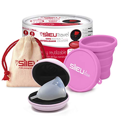 Pack Sileu Travel: Copo menstrual Rose - modelo de iniciação - tamanho S, transparente, flexível padrão + estojo de flor rosa + esterilizador dobrável, rosa