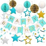 meowtastic Birthday Decorations, Happy Birthday Banner with Honeycomb Balls, Stars Hanging Swirls Streamers, Circle Dots Garland, Happy Birthday Party Decorations for Women Men Boys Girls (Mint)