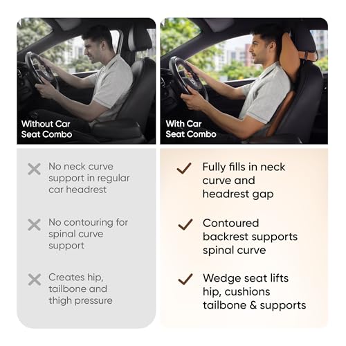 Image of Frido Premium Car Comfort Bundle with Memory Foam Neck Rest, Lumbar Backrest and Wedge Seat Cushion Set of 3, Ergonomic Neck Back and Tailbone Support for Long Drives and Daily Commutes | Tan
