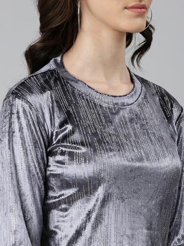 Image of SHOWOFFFF Women Shimmer Casual Top | Round Neck Full Sleeves Nylon Top's for Womens | Regular Fit Crop Tops for Women's