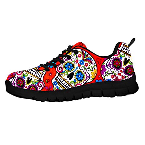 HUGS IDEA SchäDel Zucker Rotlicht Schaum Flache Schuhe Sport Laufschuhe, Gothic Tribal Mode Zucker SchäDel Zucker Blume Knochen Fitness Jogging Schuhe EU 44