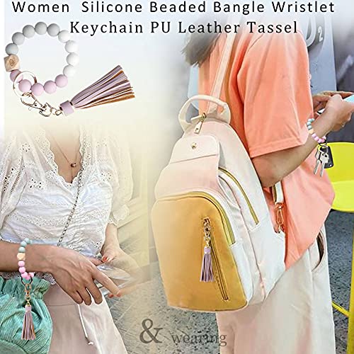 Bihrtc Bracelet Keychain Wristlet Silicone Beaded Bangle Key Ring Pu Leather Tassel House Car Key Ring Bracelet Keychain Wristlet Portable House Car Keys Ring Holder For Women Girls #TOP5