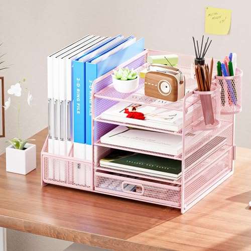 Marbrasse Organizador de mesa com suporte de arquivo, bandeja organizadora de papel de 5 camadas com