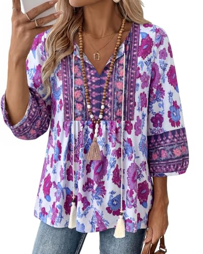 Image of Vivilli Womens Summer Boho Babydoll Tops 3 /4 Sleeve Pleated Peplum Blouses Casual V Neck Tie Front 2026 Tunic Tops