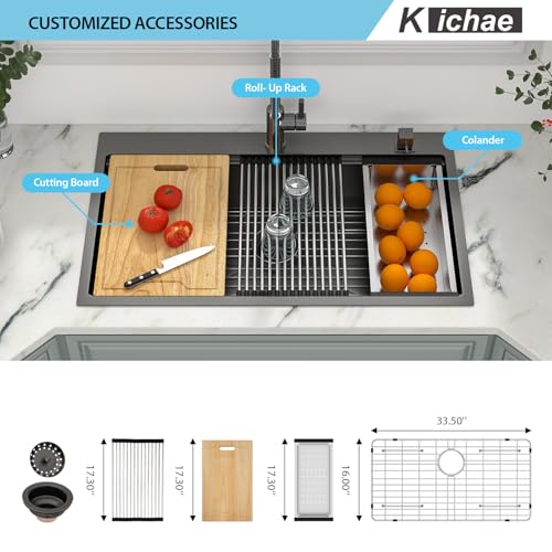 Image of Kichae 36 Black Kitchen Sink Drop In - 36x22 Drop Sink Gunmetal Black Stainless Steel 16G Single Bowl Kitchen Sinks Workstation Handmade Topmount Basin