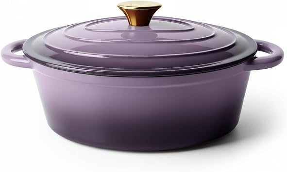 Vintage Style Oval Dutch Oven for Bread Baking, 4.5 Quart Non Stick Enameled Cast Iron Dutch Oven Pot with Lid, Oven Safe Oval Casserole with Lid up to 500F for Baking, Braising, Stews, Roasting, Purple