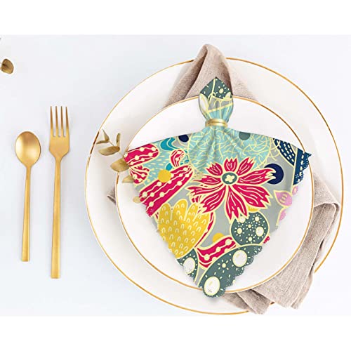 Yibeas Cute Cactus Cloth Table Napkins Set Of 4 Cartoon Lovely Flowers Green Leaves Garden Succulents Ethnic Coloring Table Decoration Dinner Napkins For Kitchen 18 X 18 Inch #TOP4