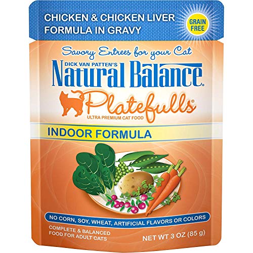 Natural Balance Platefulls Indoor Wet Cat Food, Chicken & Chicken Liver Formula in Gravy, 3 Ounce Pouch (Pack of 24)