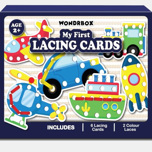 Image of WONDRBOX Montessori Transport Lacing Cards Activity Educational Toy for Kids Age 2 3 4 Year Old | Autistic, Occupational Therepaist Games | Includes 6 Thick Lacing Cards and 2 Laces