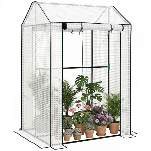 Image of Outsunny Mini Greenhouse with 2 Roll-up Doors, 100 x 80 x 150cm, White