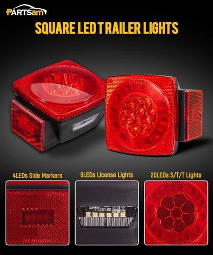 Image of Partsam Led Submersible Trailer Tail Lights Kit, Waterproof 12V Square LED Trailer Lights Halo Glow with Wiring Harness Combination Brake Stop Turn Running License Lights for RV Marine Boat Trailer