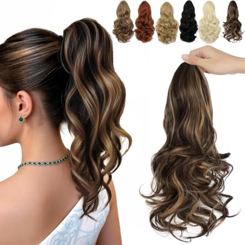 FELENDY Ponytail Extension, 15" Drawstring Long Wavy Ponytail Hair Extensions Curly Clip in Pony Tails Natural Looking Synthetic Hairpieces for Women Ginger Gold mix Dark Brown