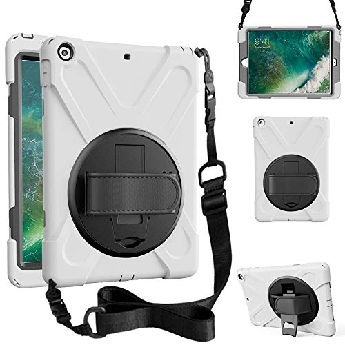 Image of All-New iPad 9.7 inch Case,360 Degree Rotatable Handle Stand Hardstrap Layer Shockproof Dropproof Hybrid Heavy Duty Skin W /Kickstand Shoulder Harness for iPad 9.7 inch 2017 A1822 A1823 (White)