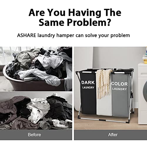 Laundry Basket Hamper 3 Section Dirty Clothes Hamper With Mesh Cover Foldable Aluminum Frame Laundry Sorter Organizer For Bathroom Bedroom Nursery (White+Grey+Black) #TOP4