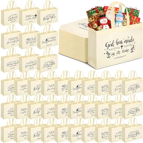 Paterr 50 Pcs Christmas Religious Tote Bags Bulk Large Christian Bible Non Woven Reusable Gift Bags with Handle for Women (Beige)