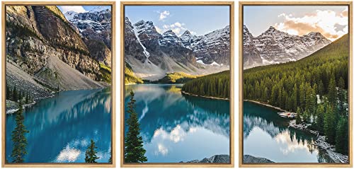 wall26 - 3 Piece Framed Canvas Wall Art - Landscape View of Moraine Lake and Mountain Range at Sunset in Canadian Rocky Mountains - Modern Home Art Stretched and Ready to Hang - 16"x24"x3 Natural