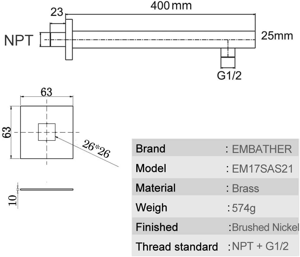 EMBATHER Extra Long and Thicken Brass 16 Inches Shower Extension Arm,Brushed Nickel Universal Shower Straight Wall-Mounted Shower Arm with Flange for 10''/12''/16''/18" Bathroom Rainfall Showerhead
