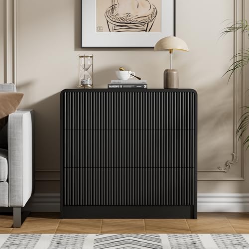 Image of Furniway Black 3 Drawer Dresser for Bedroom, 32 inch Wide Chest of Drawers