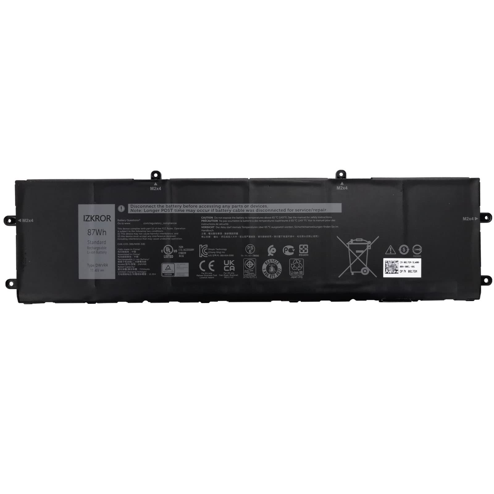 DWVRR 87Wh 7250mAh Battery Replacement for Dell Inspiron 16 7620 2-in-1 / Alienware x15 R1 / Alienware x15 R2 / Alienware x17 R1 / Alienware x17 R2 Series Laptop 817GN 0017GN 0NR6MH 11.4V