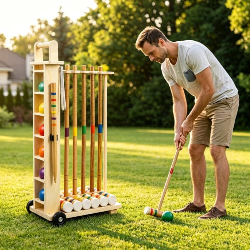 Tcatec 6-Player Croquet Set with Wooden Stand, 28 Lawn Game for Adults