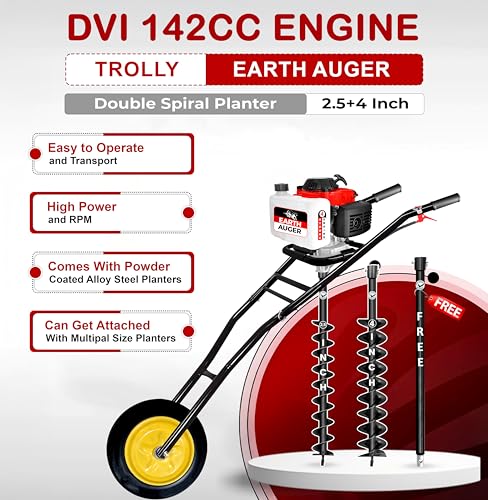 Image of DVI 142CC Trolley Earth Auger Machine, 4-Stroke Petrol Engine - with 2.5 Inch + 4 Inch Double Spiral Planter Bits & Free Extension Rod | for Plantation, Fencing & Post Hole Digging in All Soil Types.