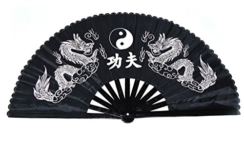 Abanico plegable de bambú, para la práctica de Kung Fu, Tai Chi, artes y bailes, estilo chino, diseño de dragón doble Cover