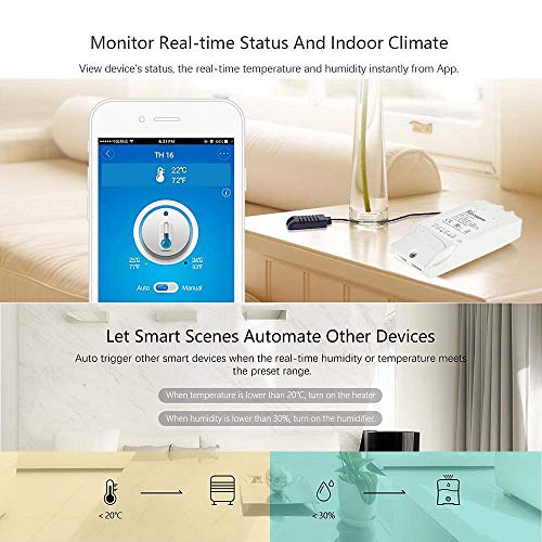 Sonoff TH10 Remote WiFi Smart Switch Support Temperature and Humidity Monitoring Feature for Home Automation System,Works with Alexa&Google Assistant(Without Sensor)