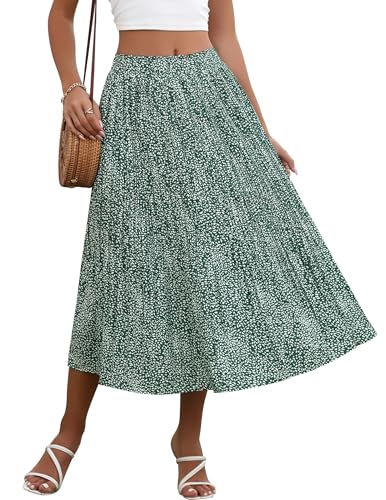 Zeagoo Women's High Waist Boho Floral Print Pleated Midi Skirt Casual Flowy Swing A Line Beach Maxi Skirts Green M
