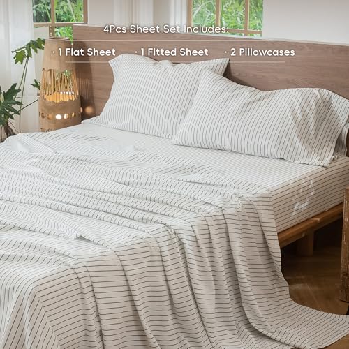 Image of MooMee Striped Sheet Set 100% Washed Cotton Linen Like Queen