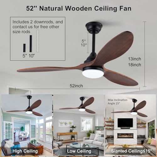 BOJUE 52 inch Ceiling Fans with Lights and Remote Control, Dimmable LED Light, Indoor Outdoor Mordern Black Ceiling Fan with 3 Wood Blade for Patio Living Room, Bedroom, Office, Summer House by BOJUE - Used condition - Image 3