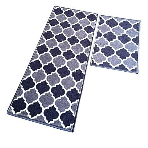 Image of Matz&More Anti Slip Kitchen Runner & Doormat Combo (50x120cm + 40x60cm), Nylon Tufted Floor Mat with Rubber Backing, Carpet for Bedroom, Bathroom, Entrance & Bedside, Trellis Two Toned Grey