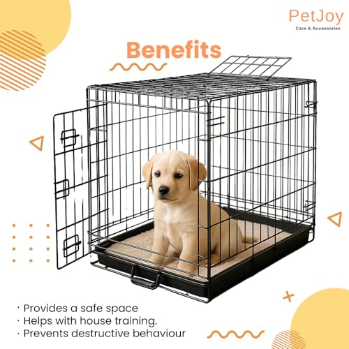 Image of PETJOY Foldable Metal Cage | 24 Inch Dog Crate Kennel for Puppies, Medium Dogs, Cats & Rabbits | Double Door with Secure Lock, Removable Leak-Proof Tray | Portable & Easy to Clean Pet Cage (Black)