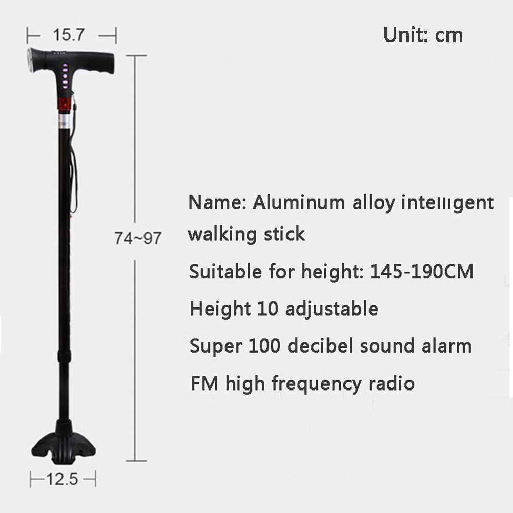 Bastón Inteligente, con Alarma De Peligro De Luz Auxiliar LED Y Muletas De Radio, Diseño De Botón De Resorte Seguro Y Seguro Capacidad De Carga 150 KG-Adecuado para Ancianos,Muletas Times