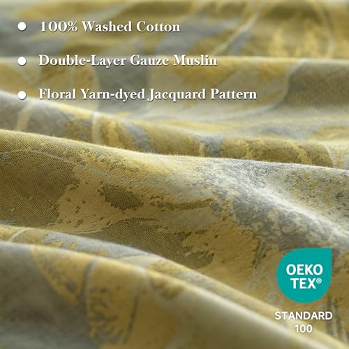 Simple&Opulence Muslin Duvet Cover Set King Size, 100% Washed Cotton 3 Pieces Yarn-Dyed Vintage Yellow Floral Jacquard Textured Bedding, Soft & Breathable Gauze Comforter Cover with Zipper Closure - Image 2