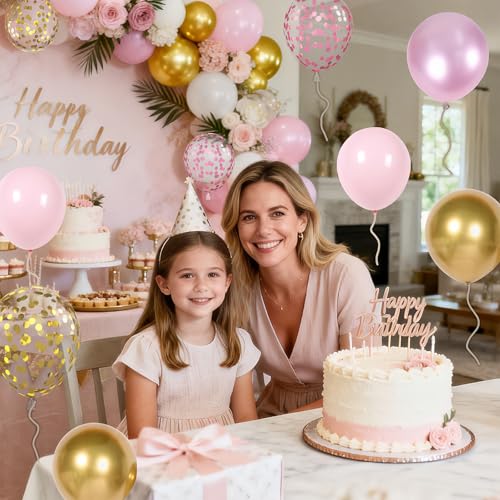 Image of Pink Gold Balloons Set, 12 Inch Pink White Latex Balloons Pink Confetti Helium Balloons Pink and Metallic Gold Party Balloons for Bridal Baby Shower Wedding Girl Women Birthday Decorations