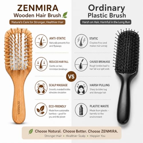 Image of ZENMIRA Small Bamboo Paddle Hair Brush with Natural Boar & Nylon Bristles - Eco-Friendly Wooden Detangling Hairbrush for Women & Men - Anti-Static Scalp Massage Brush for All Hair Types