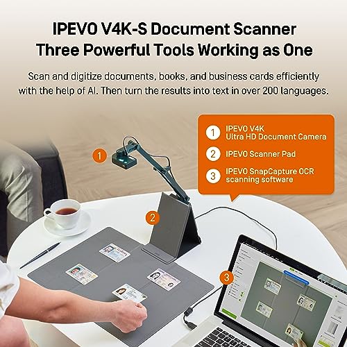 IPEVO V4K-S Document Scanner with AI and OCR for Scanning and Digitization of Books, Business Cards, IDs or Teaching Materials, Book Scanner, Document Camera, Pad and Multilingual OCR Software