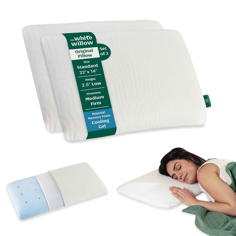 The White Willow Thin Pillow for Sleeping-Slim Memory Foam Set of 2-Cool Gel Slim Pillow for Neck & Shoulder Pain Relief-Flat Orthopedic Cervical Neck Pillow-Standard Size-2.5" H-Classic White